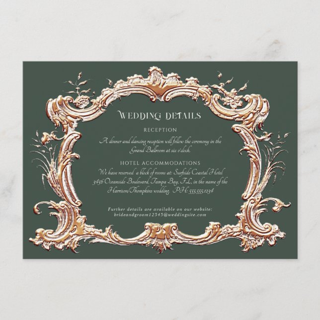 Art Nouveau Elegante Forest n Gold Wedding Details Begleitkarte (Vorderseite)