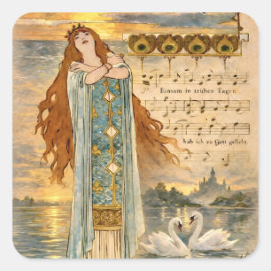 Art Nouveau Elsa Lohengrin Poster mit Schwänen Quadratischer Aufkleber
