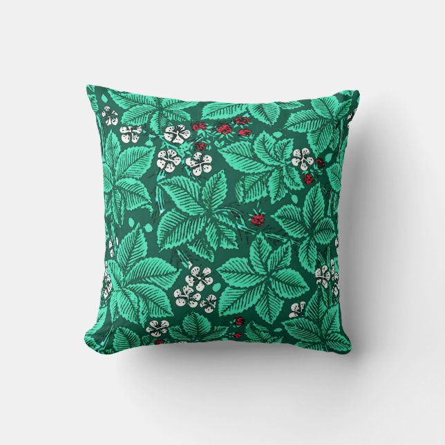 Art Nouveau Erdbeeren und Blätter, Türkis Kissen (Vorderseite)