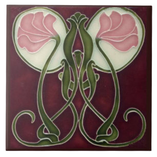 Art Nouveau Erinnerungskachel - rosa Blumenköpfe Fliese