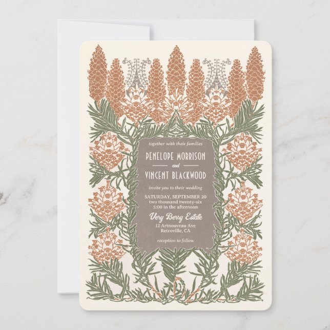 Art Nouveau Fir Tree Resilience Wedding Einladung (Vorderseite)