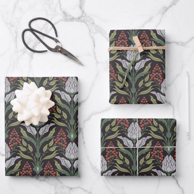 Art Nouveau Floral Black Green Gray Geschenkpapier Set (Vorderseite)