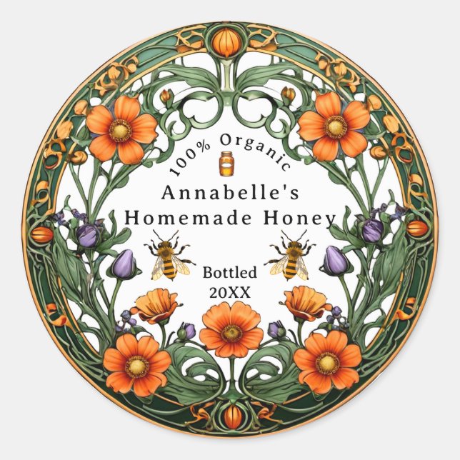 Art Nouveau Floral Boarder Homemade Honig Runder Aufkleber (Vorderseite)