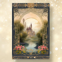 Art Nouveau Floral Castle Navy n Gold Ephemera 5B