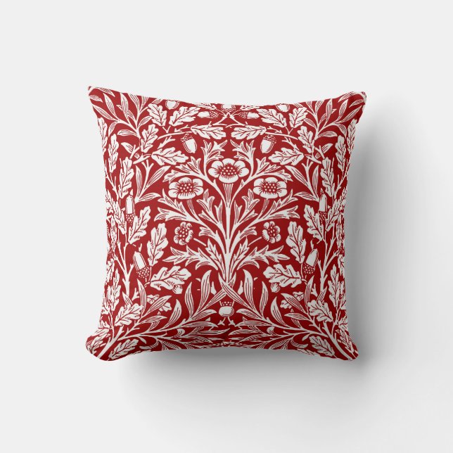 Art Nouveau Floral Damask, Dunkelrot und Weiß Kissen (Vorderseite)