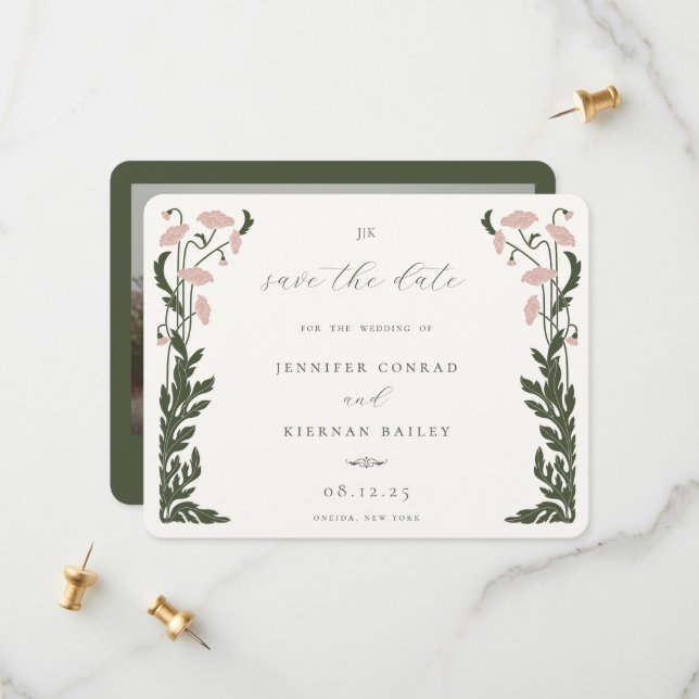 Art Nouveau Floral Frame Foto Save The Date (Vorderseite/Rückseite Beispiel)
