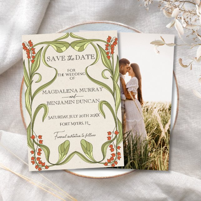 Art Nouveau Floral Frame Orange Green Foto Save The Date (Von Creator hochgeladen)