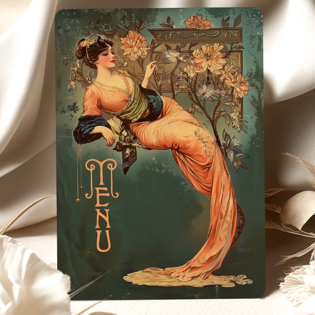 Art Nouveau Floral Goddess Menu Carte Peach Turquo (Créateur téléchargé)