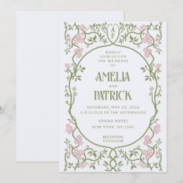 Art Nouveau Floral Green und Pink Wedding Einladung