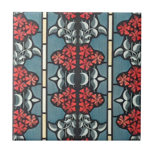 Art Nouveau Floral Red Blue Keramik Tile Fliese (Vorderseite)