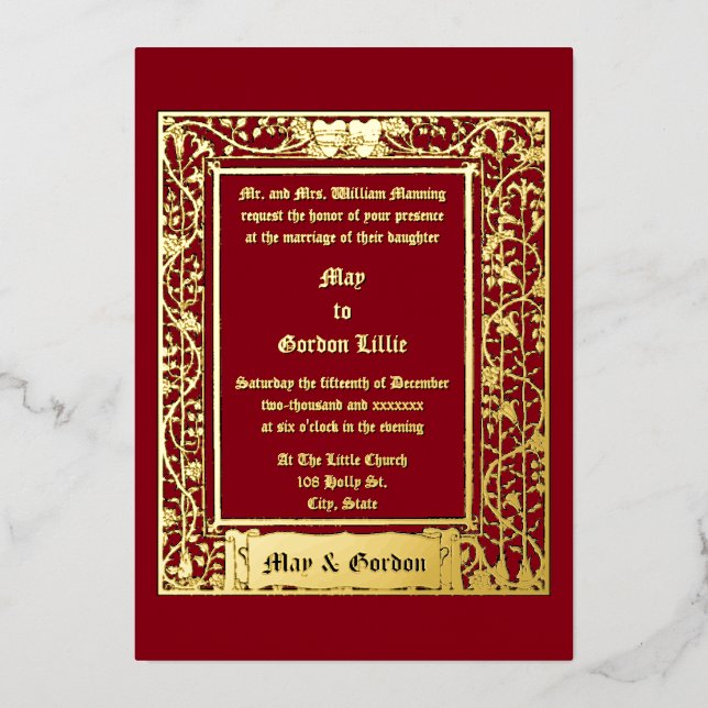 Art Nouveau Floral Vine Border & Hearts Wedding Folieneinladung (Vorderseite)