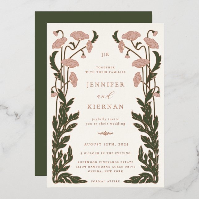 Art Nouveau Floral Wedding Folieneinladung (Vorderseite/Rückseite)
