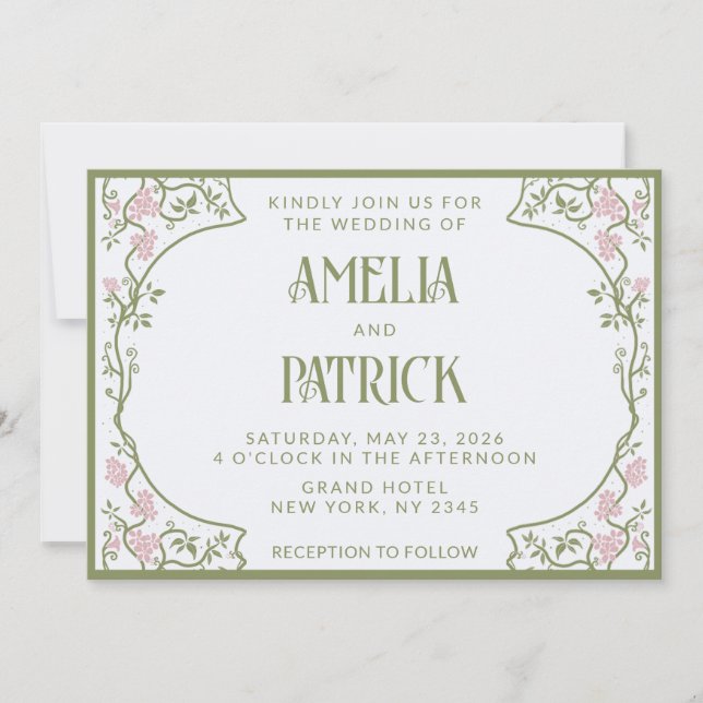Art Nouveau Floral Wedding Green and Pink Einladung (Vorderseite)