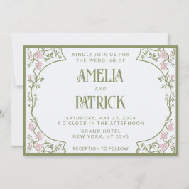Art Nouveau Floral Wedding Green and Pink Einladung