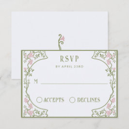 Art Nouveau Floral Wedding Green and Pink RSVP Karte