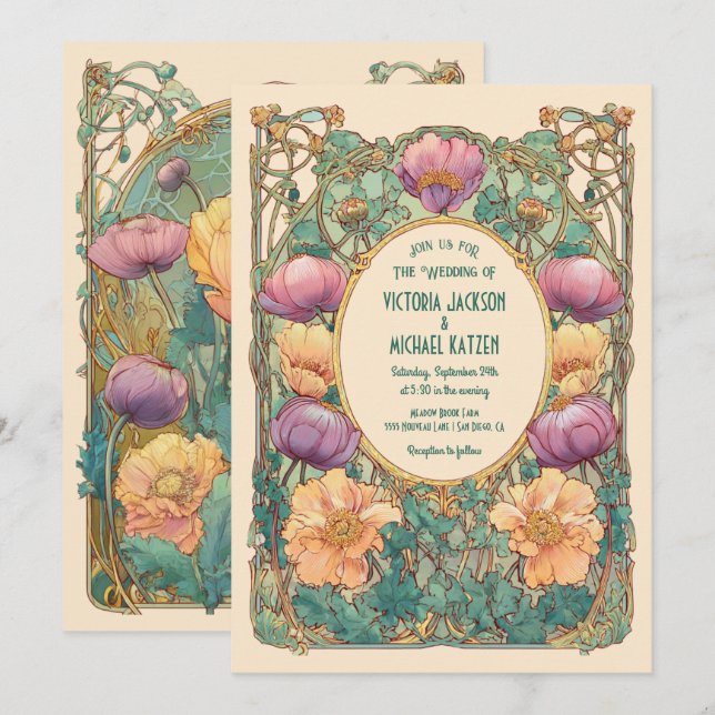 Art Nouveau Floral Wedding Invitation Einladung (Vorne/Hinten)