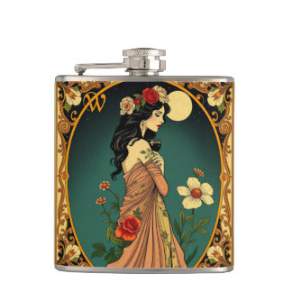 Art Nouveau Floral Woman Illustration Flachmann