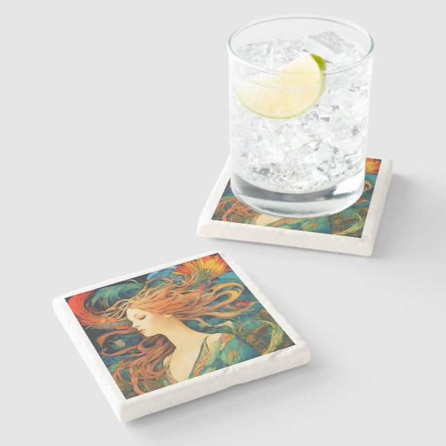 Art Nouveau "Flowing Redhead" Marble Coaster Steinuntersetzer (Seitenansicht)