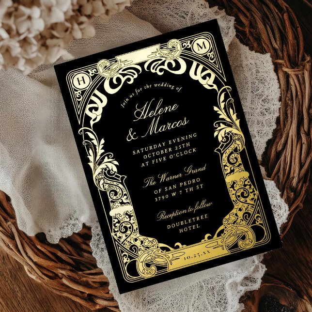 Art Nouveau Frame Monogram Wedding Black Gold Folieneinladung (Von Creator hochgeladen)