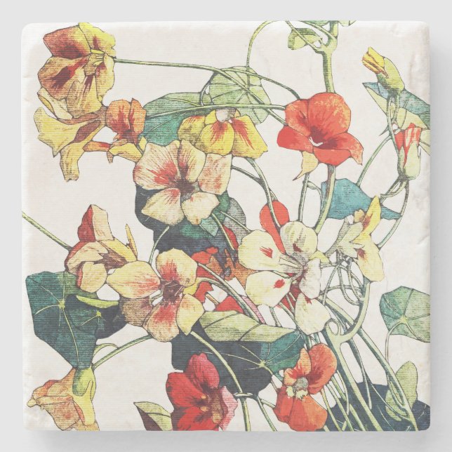 Art Nouveau Garden Nasturtium Blume Steinuntersetzer (Vorderseite)