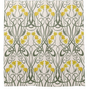 Art Nouveau Gelbe Narzissen und Stiele Creme Duschvorhang