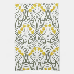 Art Nouveau Gelbe Narzissen und Stiele Weiß Geschirrtuch