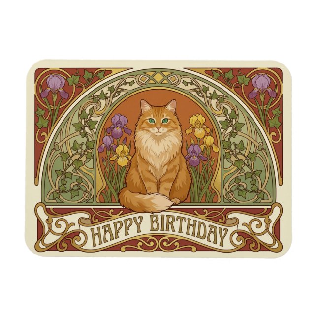 Art Nouveau Ginger Cat Birthday Card Magnet (Horizontal)