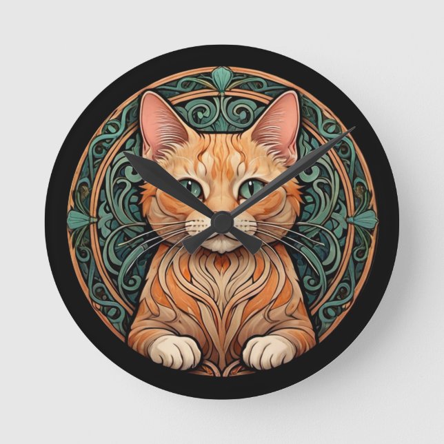Art Nouveau Ginger Cat Runde Wanduhr (Vorderseite)