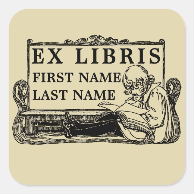 Art Nouveau Girl Reading Book Ex Libris Template Quadratischer Aufkleber (Vorderseite)