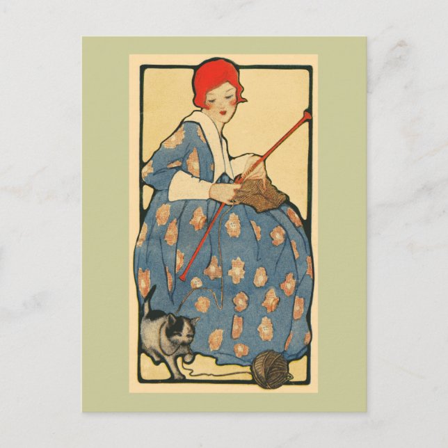 Art Nouveau - Girl strickt mit ihrer Katze Postkarte (Vorderseite)