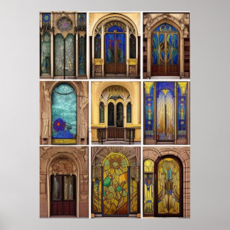 Art Nouveau Glass Gebäude Street Door Poster