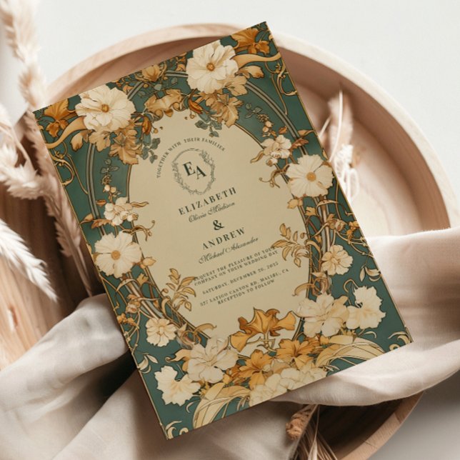Art Nouveau Gold Botanische Botanische Hochzeit Einladung (Von Creator hochgeladen)