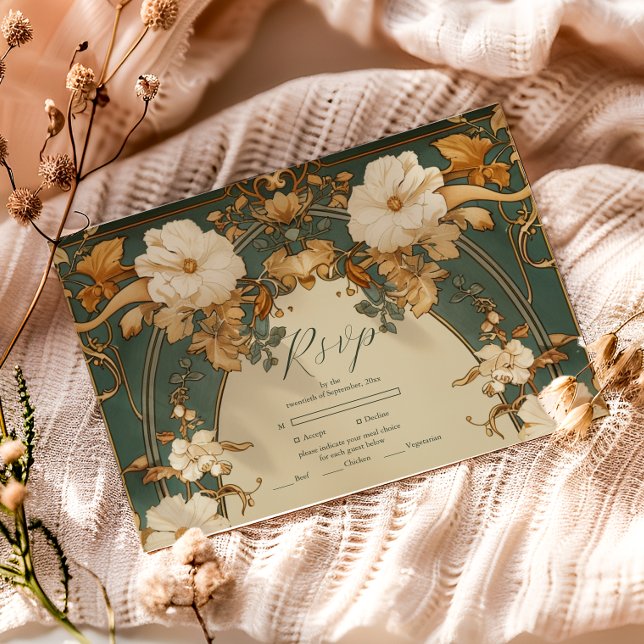Art Nouveau Gold Botanische Botanische Hochzeit RSVP Karte (Von Creator hochgeladen)