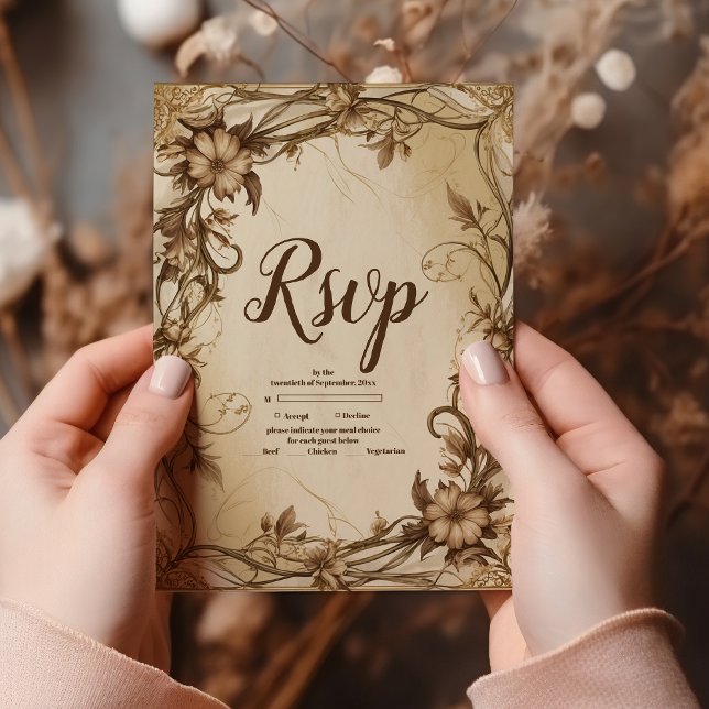 Art Nouveau Gold Botanische Hochzeit RSVP Karte (Von Creator hochgeladen)
