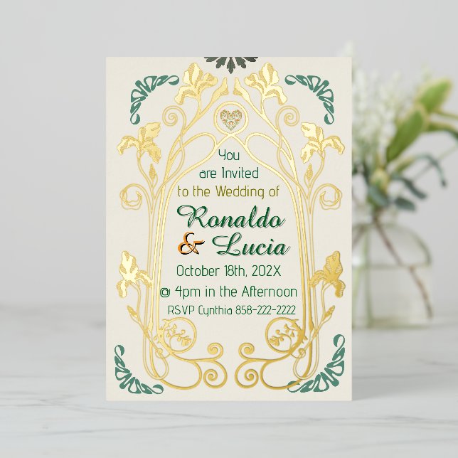 Art Nouveau Gold Grüne botanische Einladung (Stehend vorne)