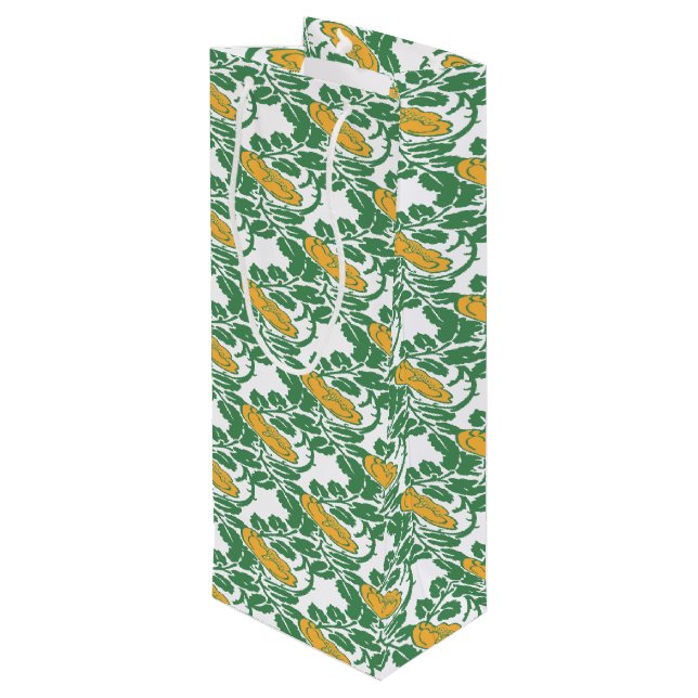 Art Nouveau Green Buttercup Blumentapete Geschenktüte Für Weinflaschen (Rückseite Schrägansicht)