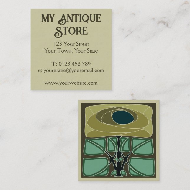 Art Nouveau Green Cream Quadratische Visitenkarte (Vorne/Hinten)