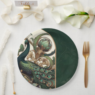Art Nouveau Green Emerald Vintag Peacock Wedding Pappteller