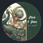 Art Nouveau Green Emerald Vintag Peacock Wedding Runder Aufkleber<br><div class="desc">mit jedem Text anpassen.</div>