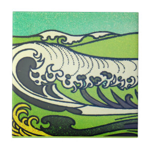 Art Nouveau Green Sea Waves 1 Fliese