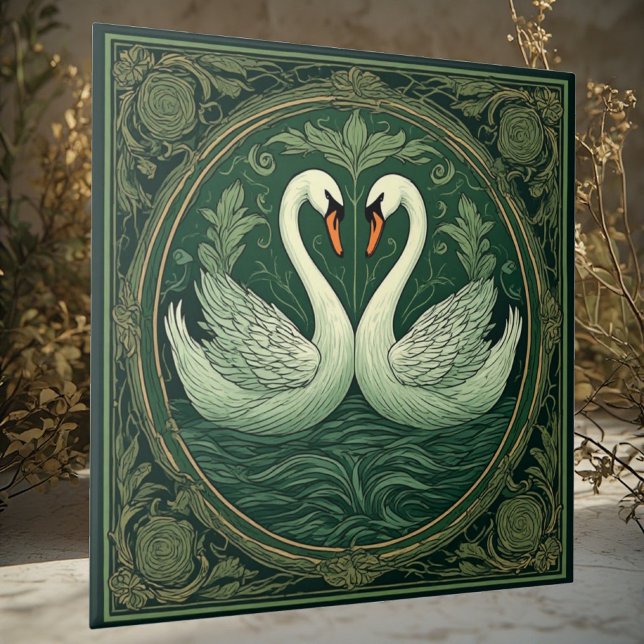 Art Nouveau Green Swan Lover Couples Ethereal Lake Fliese (Art Nouveau Green Swan Lover Couples Ethereal Lake Ceramic Tile)