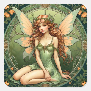 Art Nouveau Grüne Fee Quadratischer Aufkleber