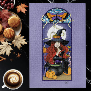 Art Nouveau Herbst-Hexe Kürbisse Lila Mond