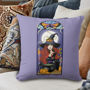 Art Nouveau Herbst Hexe Kürbisse Lila Mond Kissen