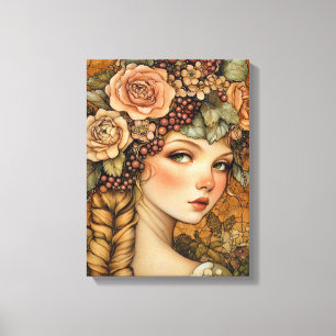 Art Nouveau Herbstgöttin Florales Porträt Stretch Leinwanddruck
