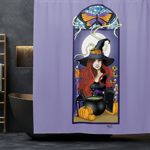Art Nouveau Herbsthexe Kürbisse Lila Mond Duschvorhang