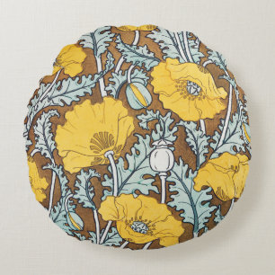 Art Nouveau Illustration Gelbe Mohnblume Rundes Kissen