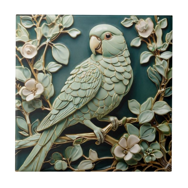 Art Nouveau Imitats Relief L Parakeet Bird Aquamar Fliese (Vorderseite)