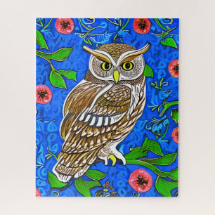 Art Nouveau Inspired Owl, Brown on Cobalt Blue