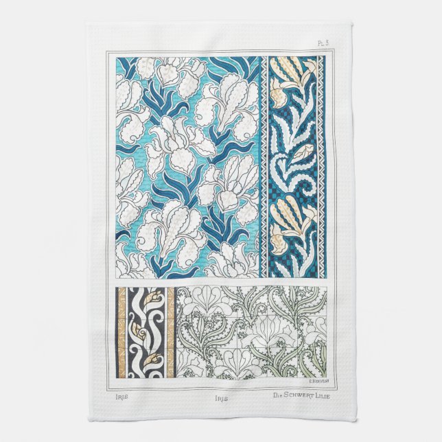 Art Nouveau Iris lila blühende Textilkunst Blau Geschirrtuch (Vertikal)